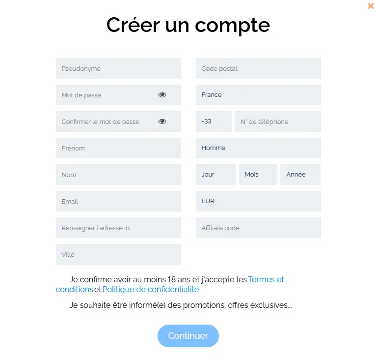 Processus d'inscription BOB CASINO